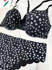 Heart Print Push Up Bra & Panties Lingerie Set
