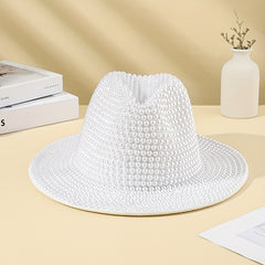 Faux Pearl Decor Fedora Cap Cowgirl Hat Rolled Brim Jazz Felt Hat