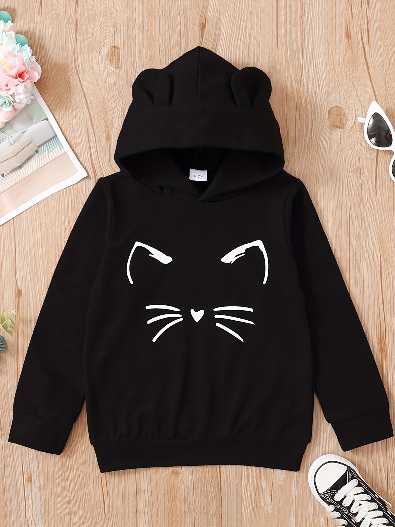 Girls' Cartoon Cat Bear Ear Hoodie Casual Sweatshirt Top