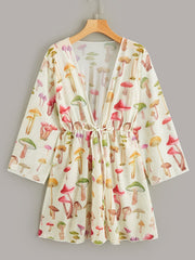 Mushroom Print Long Sleeve Cover Ups Semi Sheer High Stretch