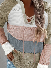 Casual Sweater Women's Plus Colorblock Hollow Out Hooded Jumper