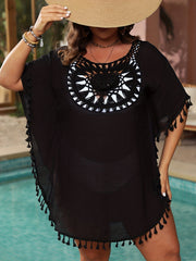 Tassel Trim Short Sleeve Dress Women's Plus Beachwear