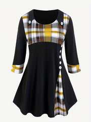 Colorblock Plaid Long Sleeve A Line Dress