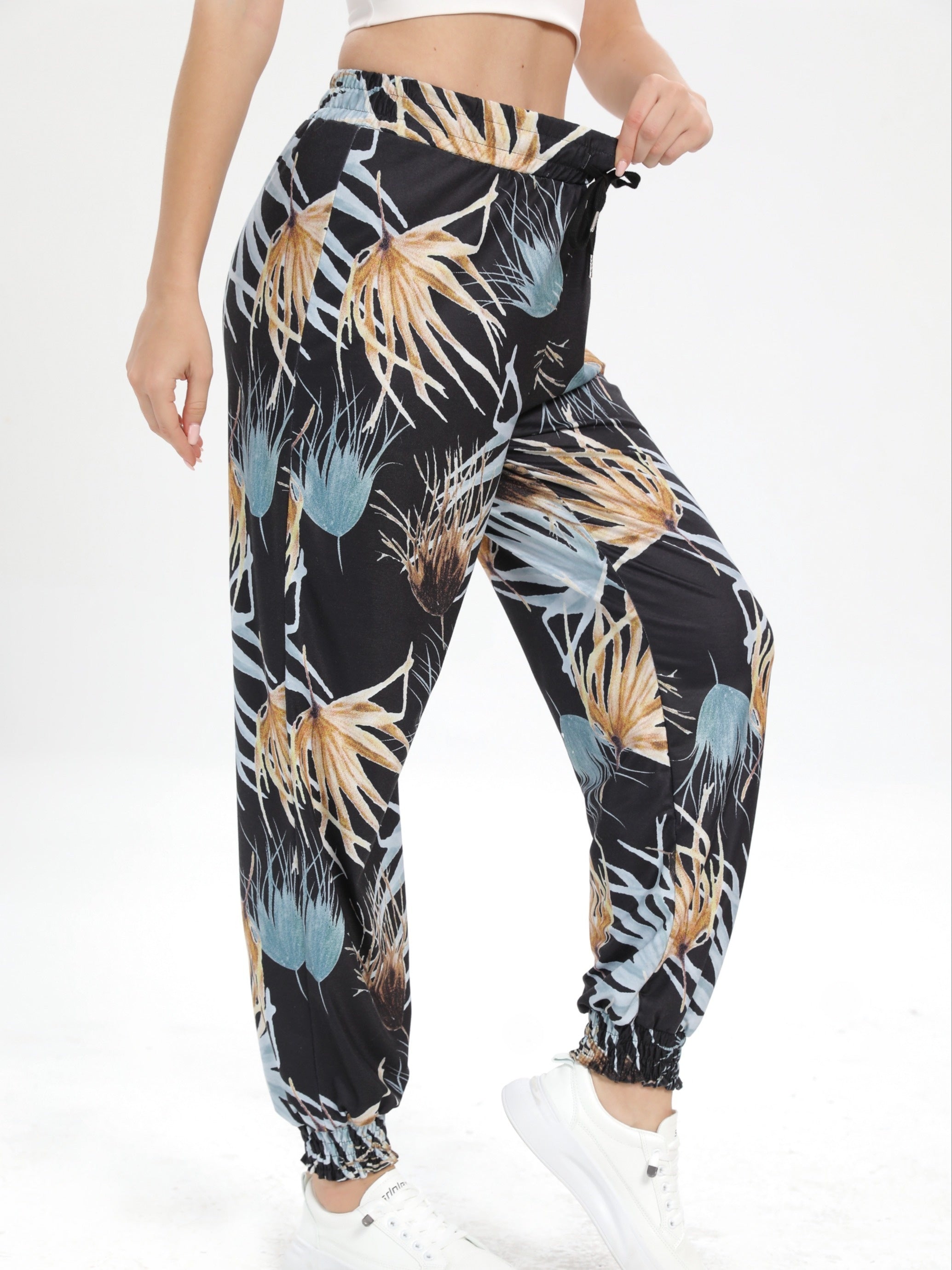Leaf Print Casual Jogging Pants Elastic Waist Loose Fit Sports Pants