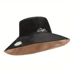Daisy Embroidery Sun Hat Wide Brim Bucket Hat