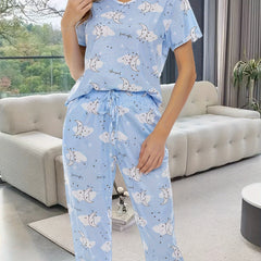 Moon Print Lounge Set Crew Neck Short Sleeve Top & Elastic Waistband Pants