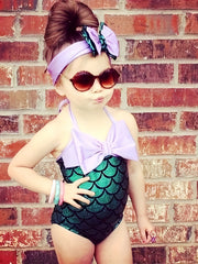 2pcs Toddler Girls Fish Scale Halter Swimsuit Set & Headband