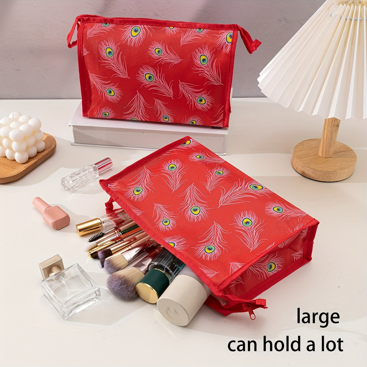 Feather Print Makeup Bag Waterproof Roomy Perfect for Travel