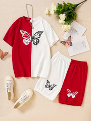 Girls Butterfly Graphic T Shirts & Shorts Set Kids Summer Clothes