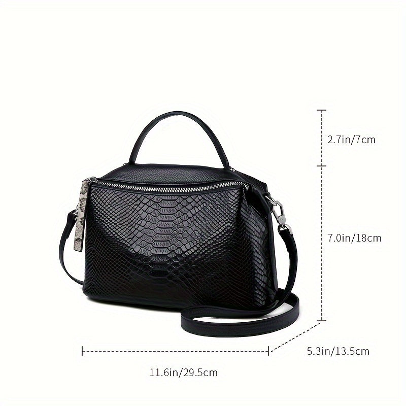 Vintage Leather Handbag Crocodile Pattern Zipper Closure Stylish Shoulder Bag