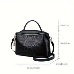 Vintage Leather Handbag Crocodile Pattern Zipper Closure Stylish Shoulder Bag