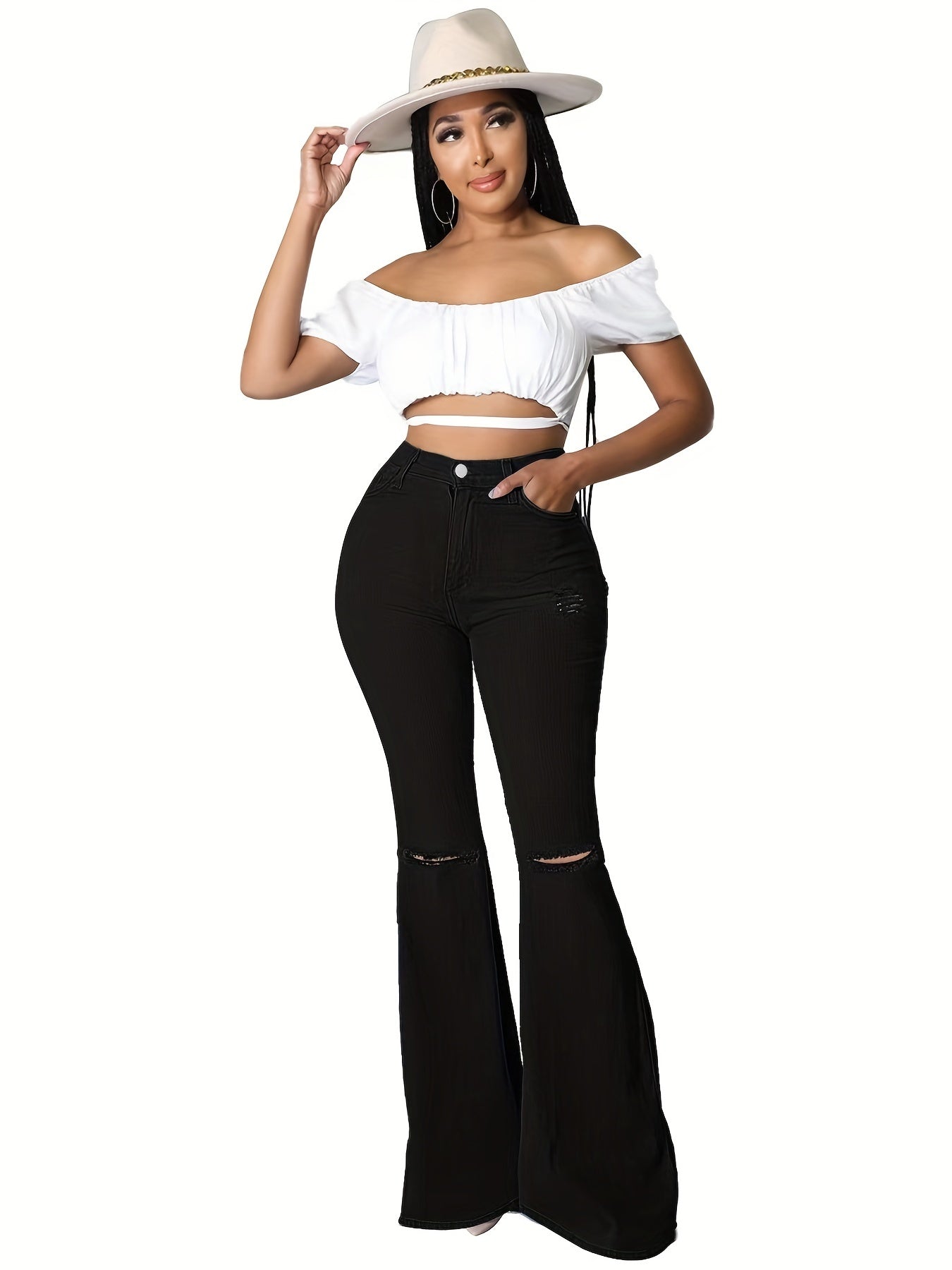 Stretch Flare Leg Jeans Vintage Style Denim Trousers