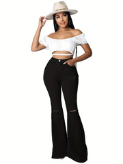 Stretch Flare Leg Jeans Vintage Style Denim Trousers