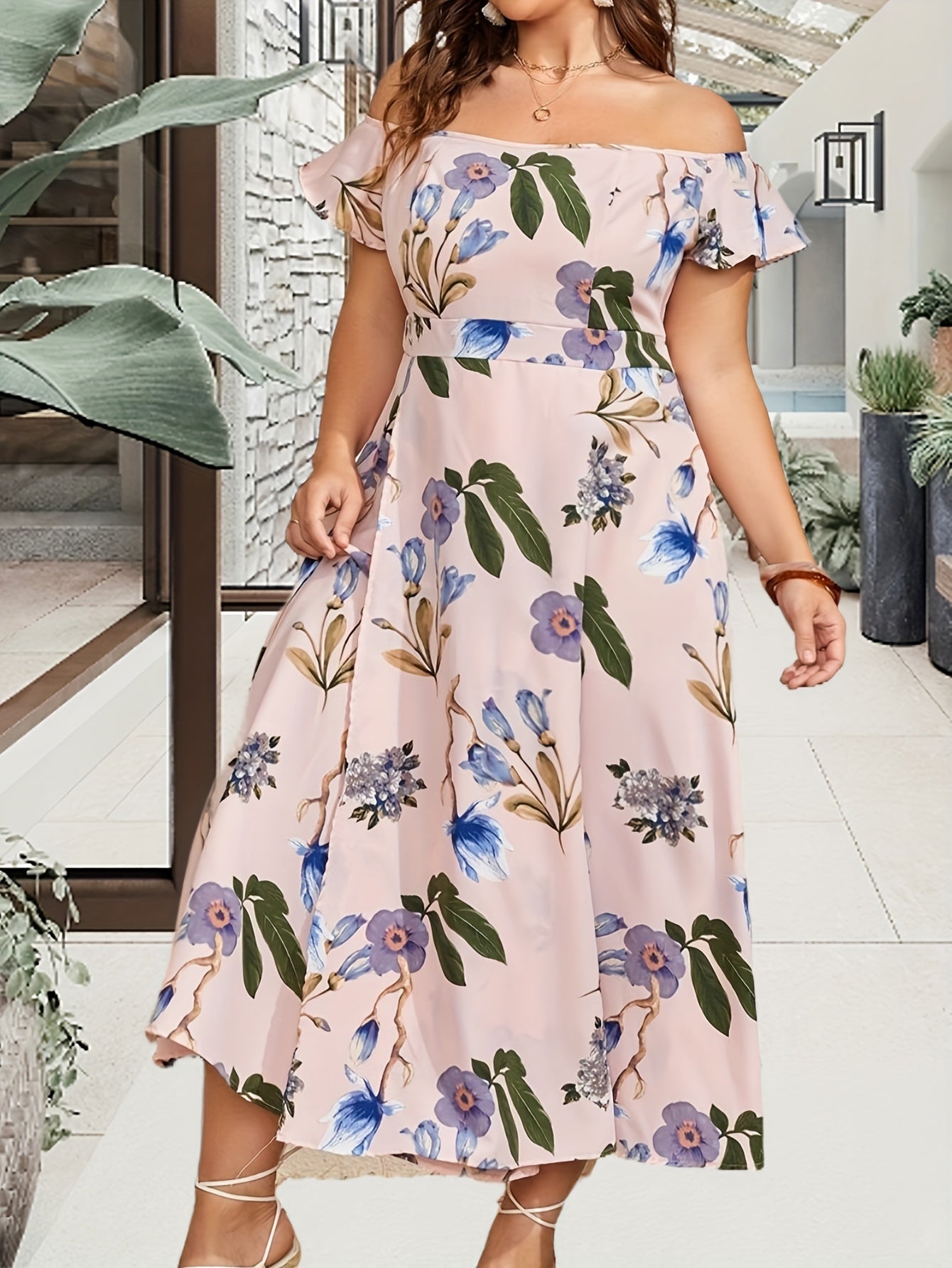 Party Dress Women's Plus Floral Print Off Shoulder Midi Dress
