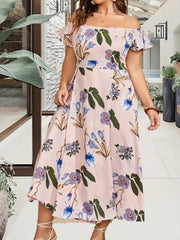 Party Dress Women's Plus Floral Print Off Shoulder Midi Dress