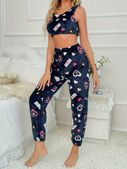 Heart Print Fuzzy Pajama Set Tank Top & Pants