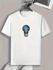 Light Bulb Print Men's Comfy T shirt Active Slightly Stretch Tee