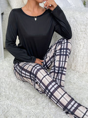 Plaid Print Pajama Set Long Sleeve Top & Pants Women's Sleepwear