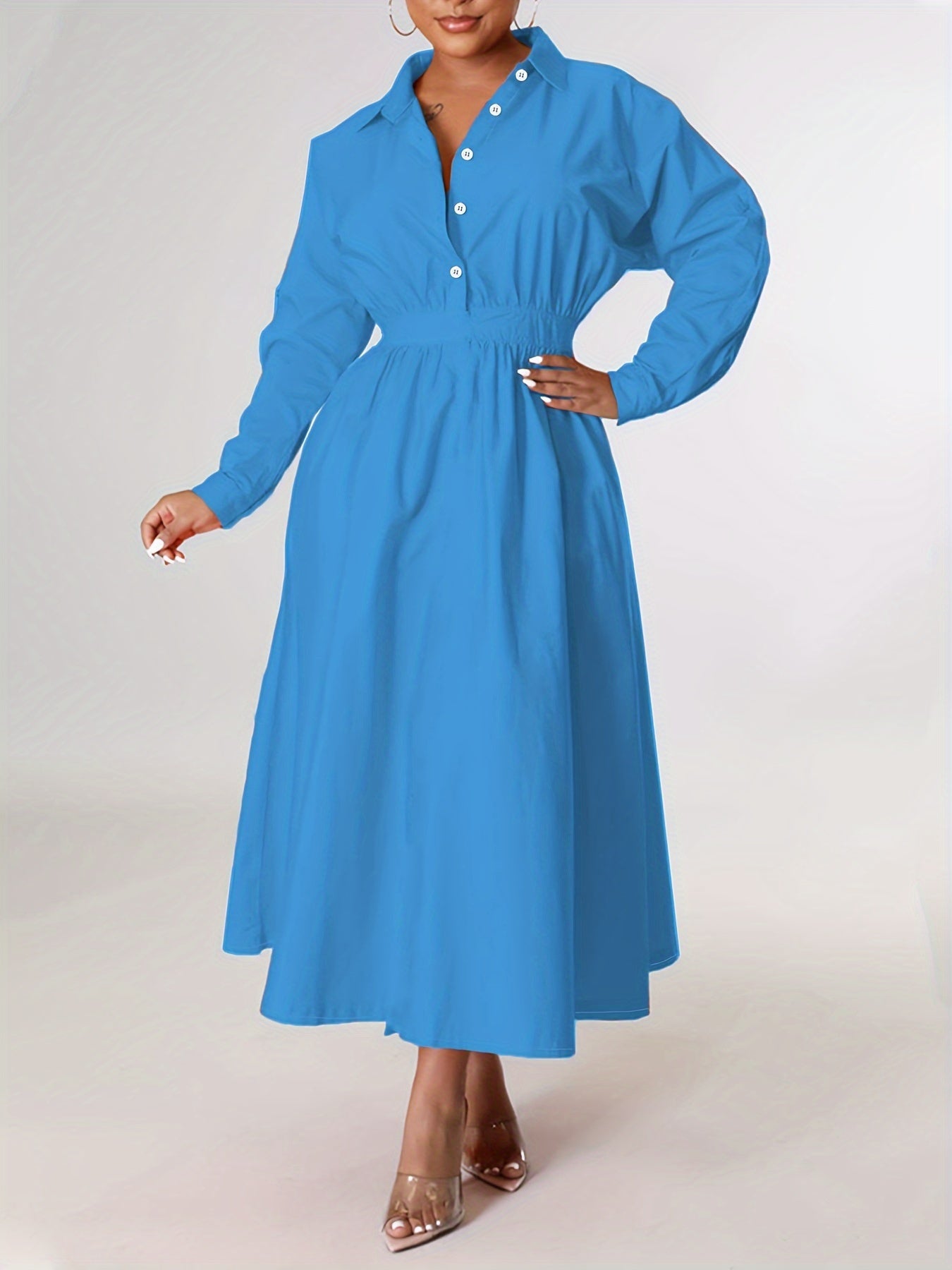 Casual Dress Women's Plus Solid Button Up Shirt Dress
