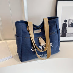 Vintage Letter Embroidered Tote Bag Retro Canvas Shoulder Bag Women's Casual