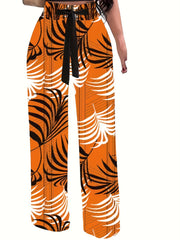 Plant Print Tie Waist Pants Wide Leg Long Length