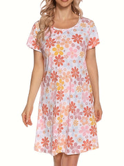 Floral Print NightDress Short Sleeve Pajama Dress