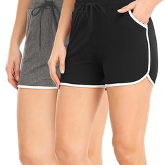 2 Pack Plus Size Sports Shorts Set Women's Plus Contrast Binding Tie Waist