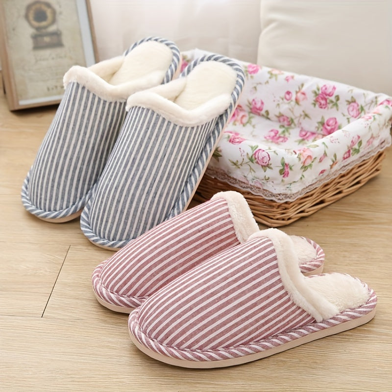 Plush Lined Striped Slippers Warm Flat Shoes Home Fuzzy Slippers