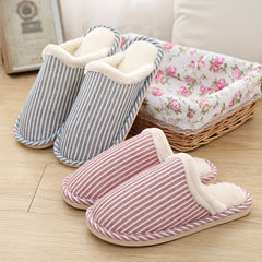 Plush Lined Striped Slippers Warm Flat Shoes Home Fuzzy Slippers