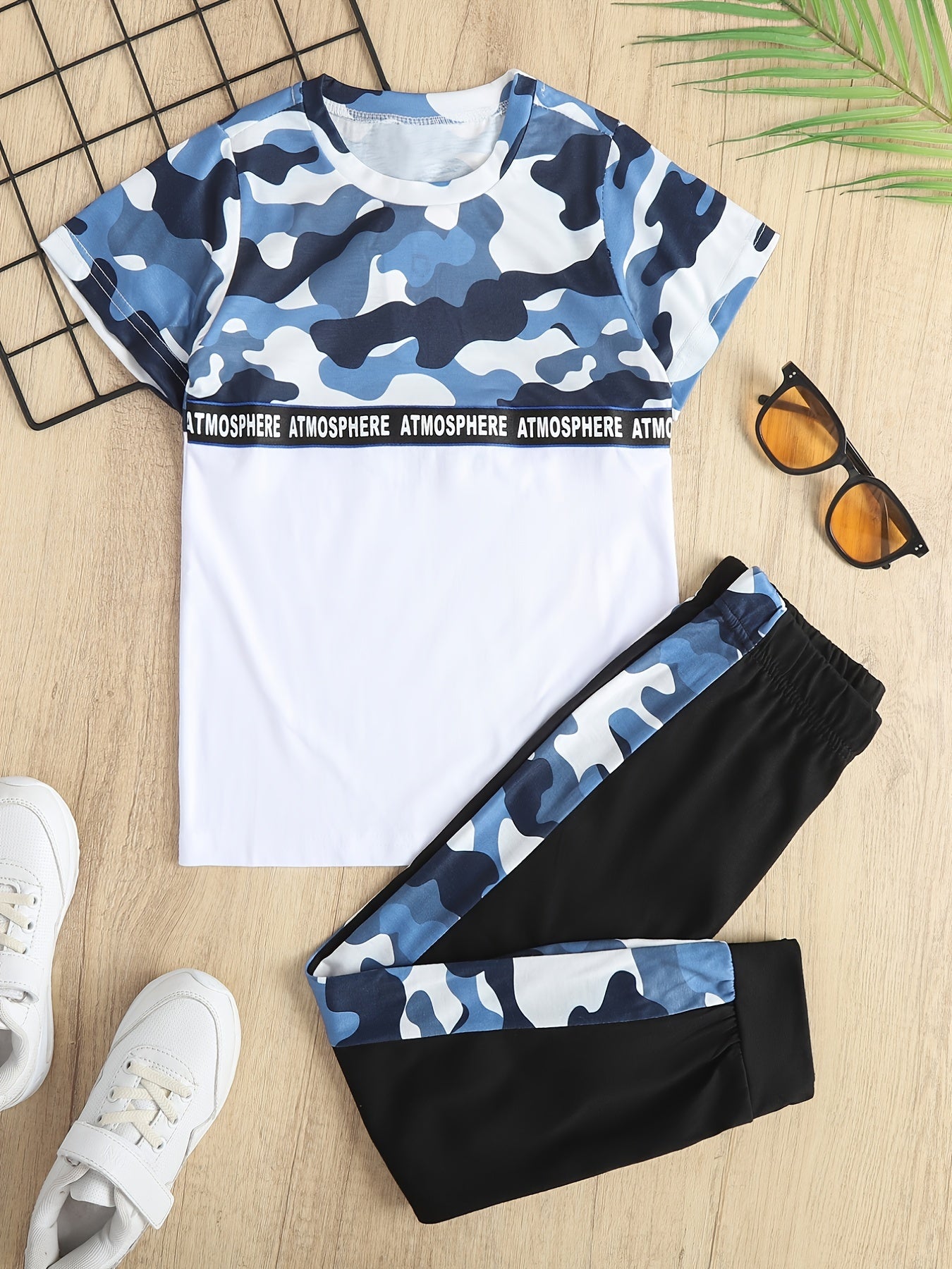 Boys Camo Outfit Set, Round Neck T-shirt & Pants, Kids Summer Clothing