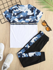 Boys Camo Outfit Set, Round Neck T-shirt & Pants, Kids Summer Clothing