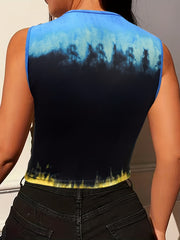 Graphic Print Tank Top Ombre Notched Neck Medium S