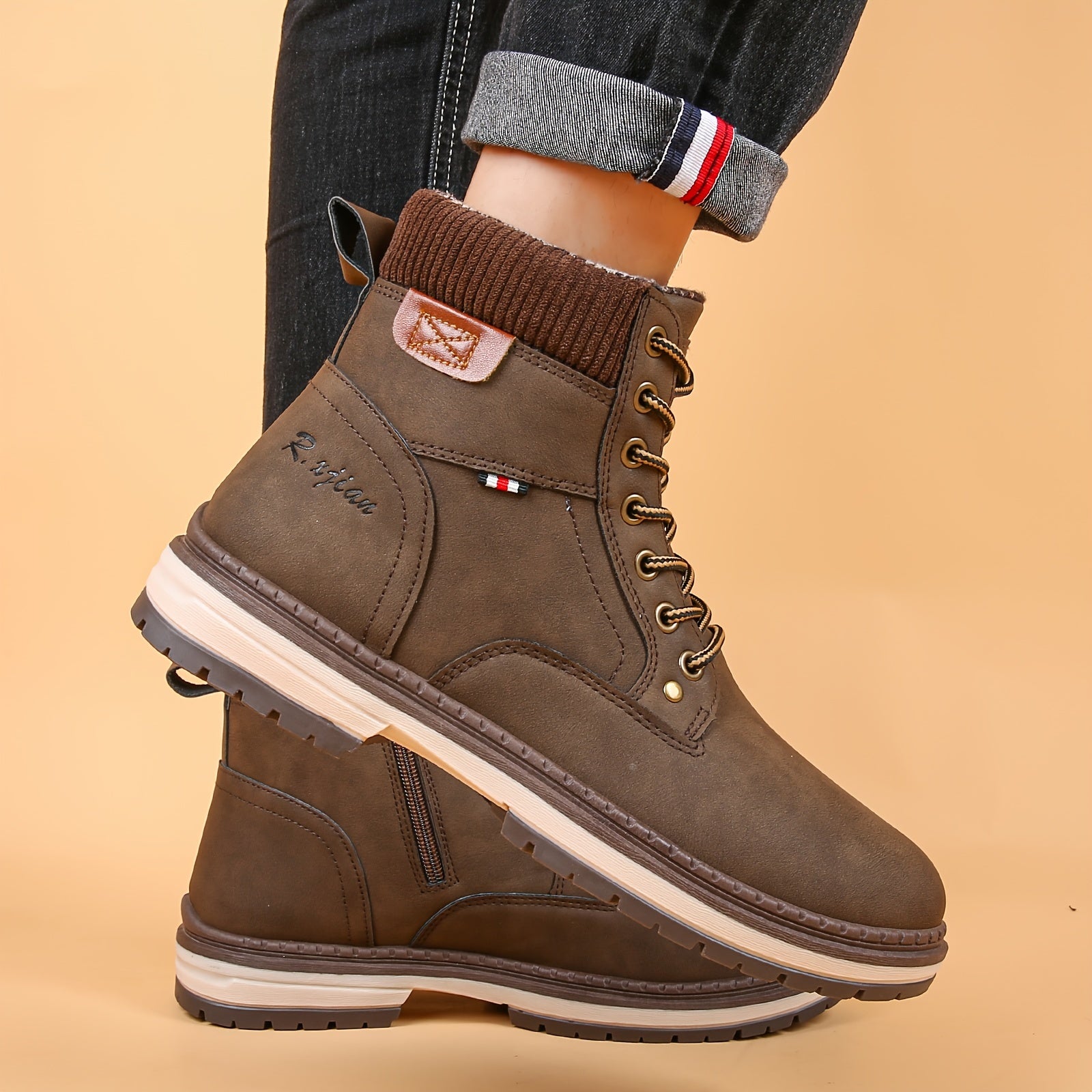 RXJIAN Men's High Top Hiking Shoes Good Grip Breathable Side Zipper Boots