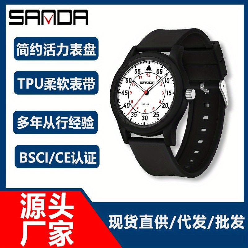 Sanda Unisex Quartz Watch Green Dial Red Hands Stainless Steel Case