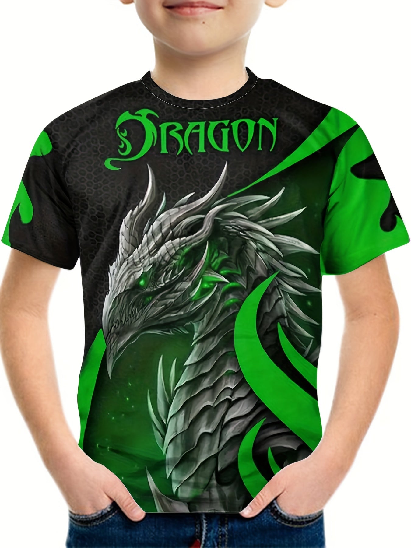 Boy's Green Dragon Graphic T shirt Casual Breathable Loose Tee Kid's Clothing
