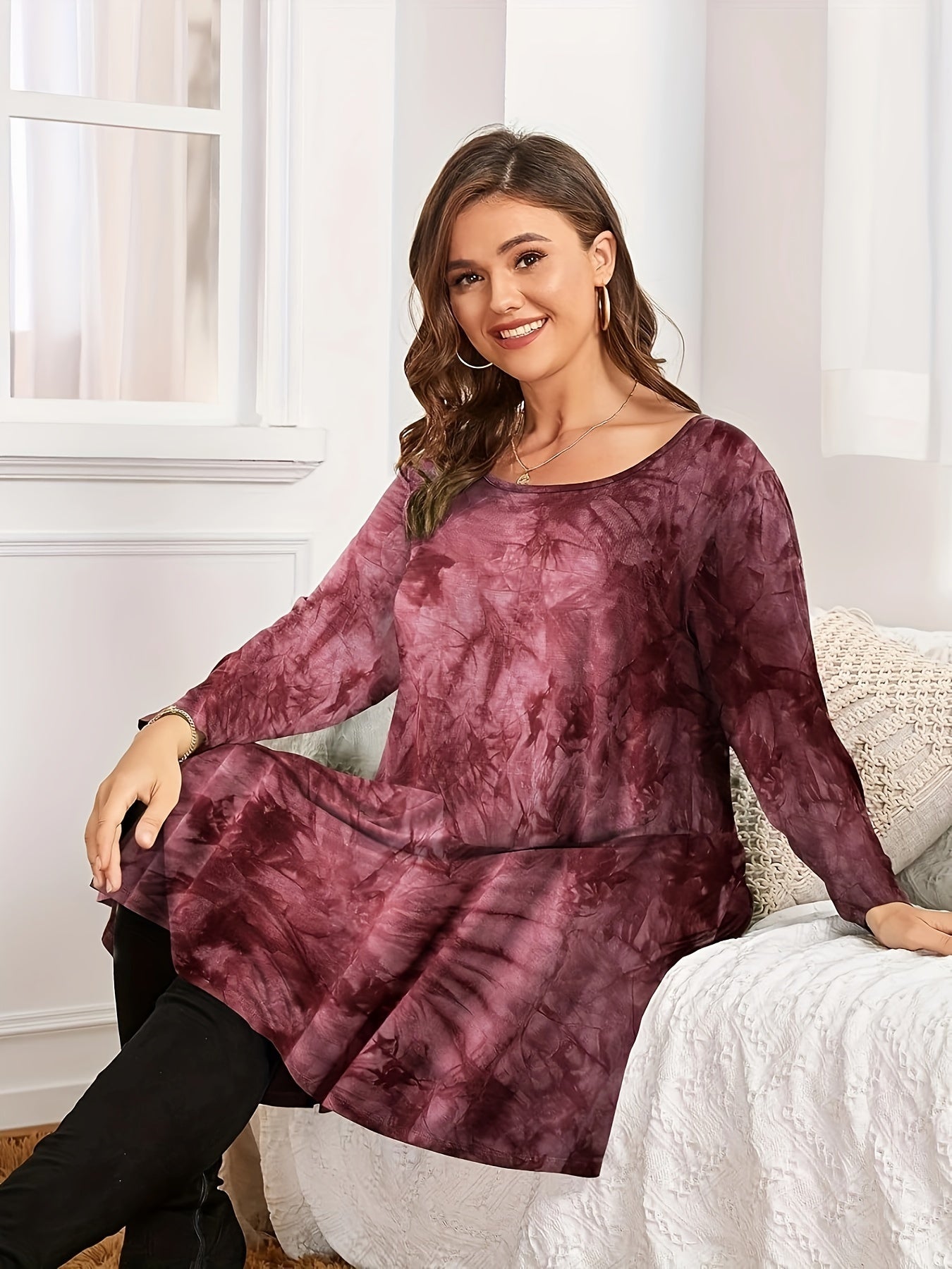 Women's Plus Tie Dye Long Sleeve Round Neck Loose Fit Mini Dress