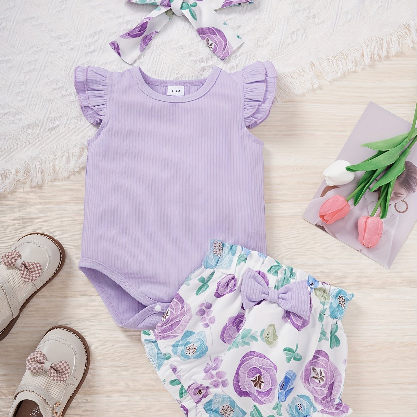 3pcs Baby Girls Ruffle Sleeve Onesie & Bow Shorts Set