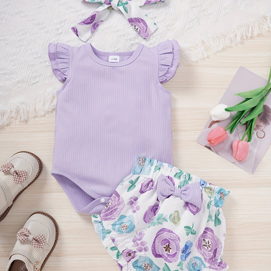 3pcs Baby Girls Ruffle Sleeve Onesie & Bow Shorts Set