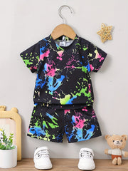 2pcs Infant Boys Ink Graphic T-shirt & Shorts Set for Summer