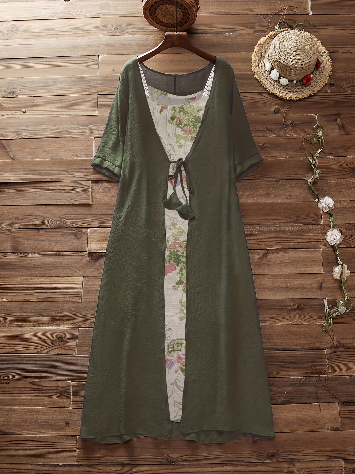 Casual Outfits 2 Piece Set Solid Cover Up & Floral Print Cami Dress