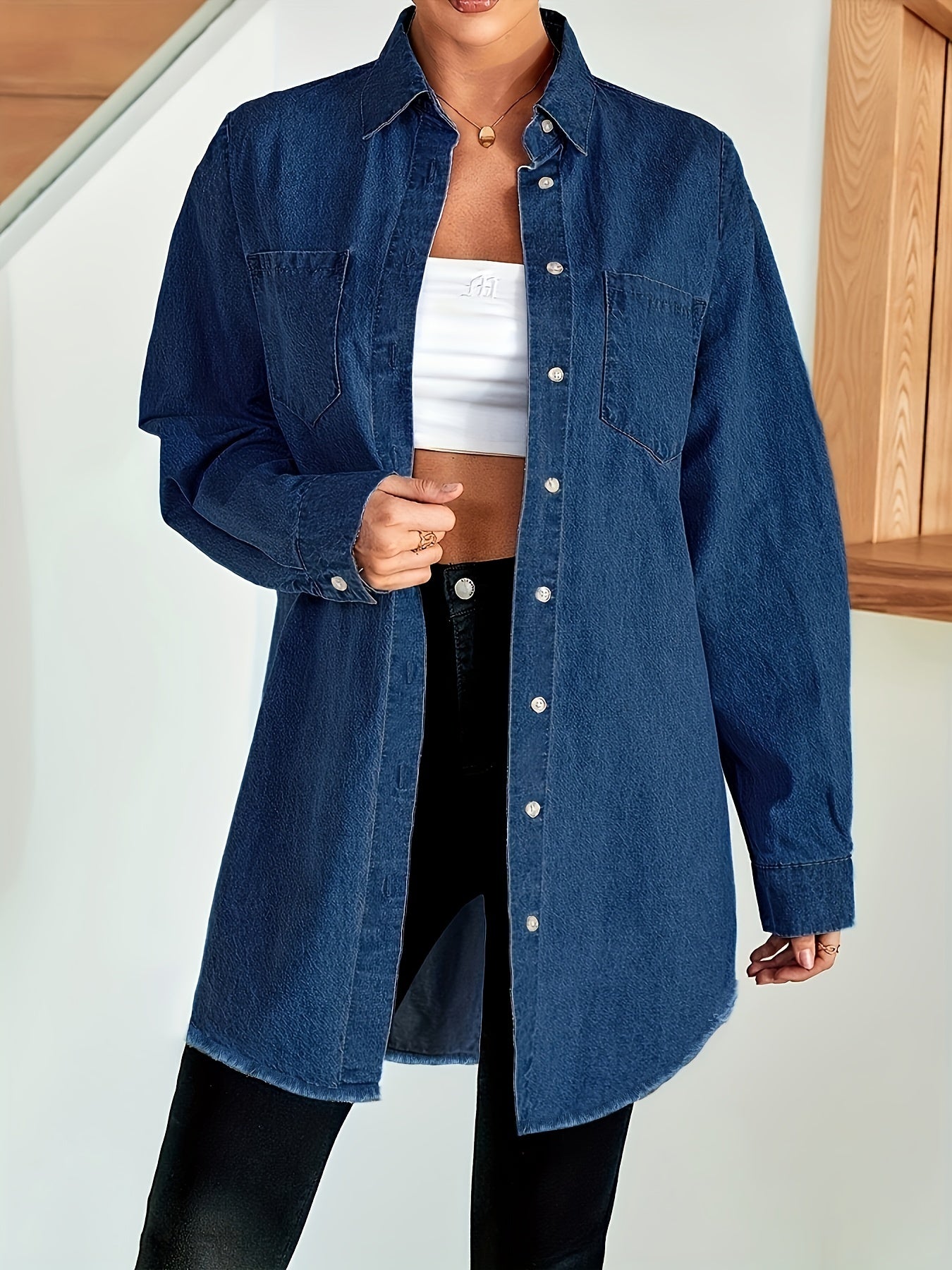 Denim Shirt with Pockets Loose Fit Button Lapel Women's Denim