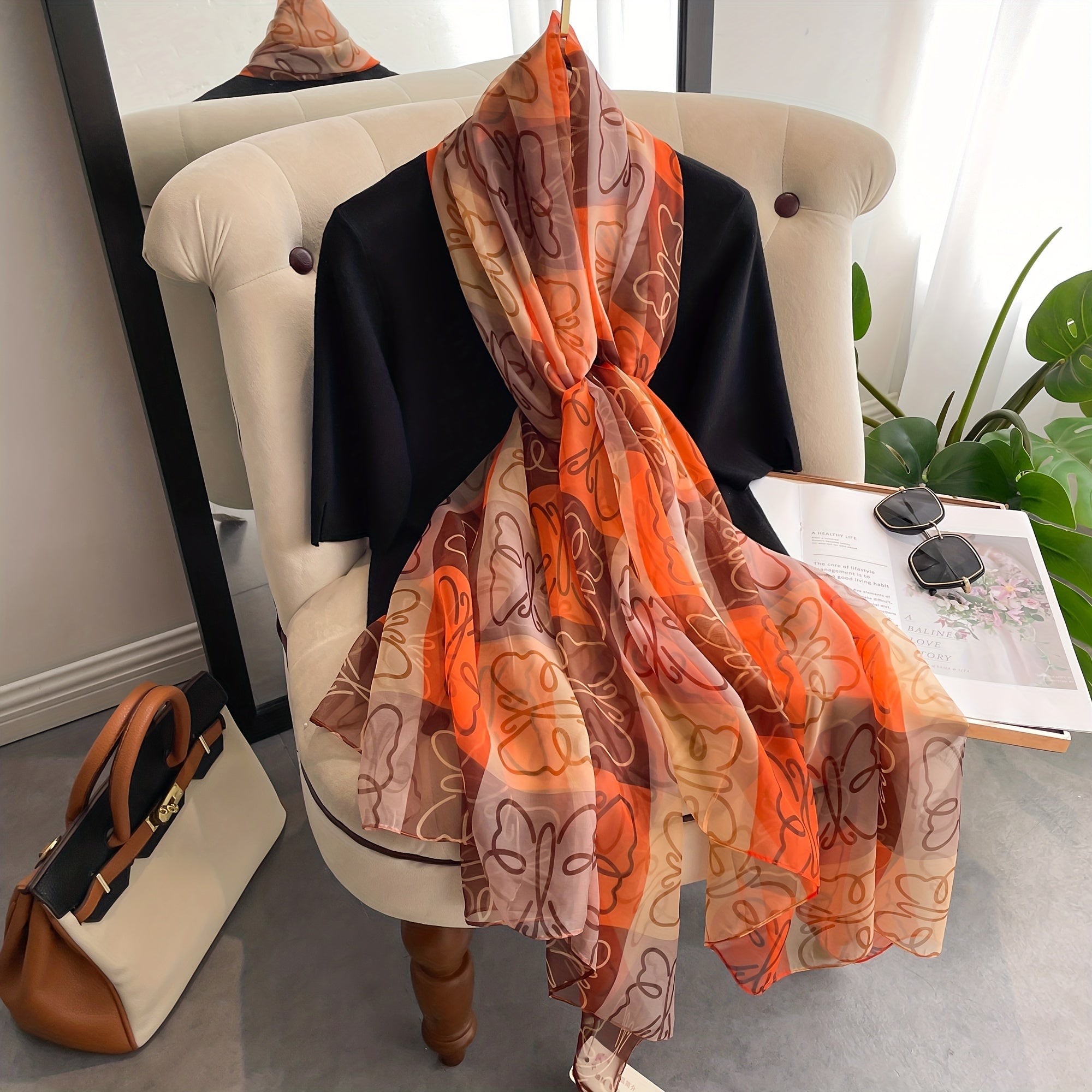 Butterfly Print Gauze Scarf Sunscreen Shawl Classic Windproof Head Wrap