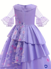 Girls Magic Princess Dress Polka Dots Flare Lace Sleeve Prom Party Dress Gloves