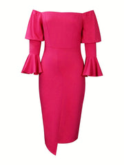 Plus Size Dress Off Shoulder Bell Sleeve Bodycon Midi Dress