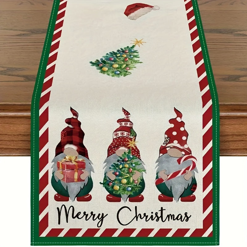 Christmas Table Runner Plaid Gnomes Gift Tree Canes Xmas Dining Decor