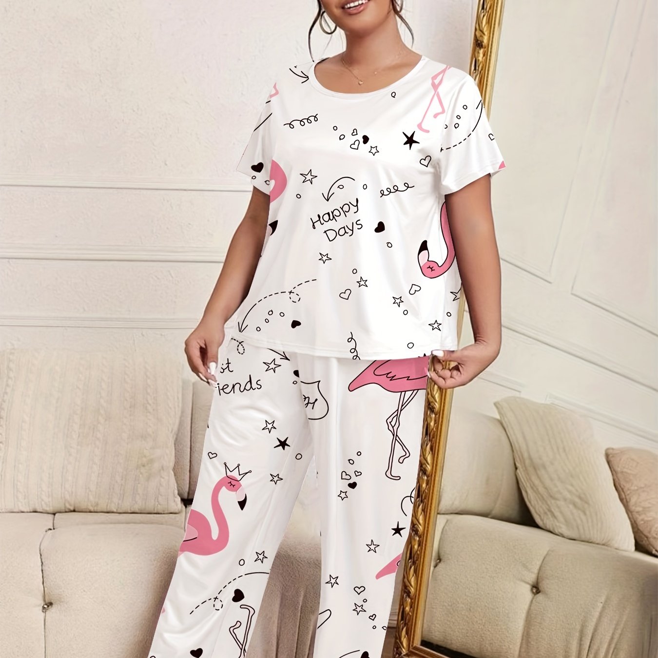 Flamingo & Heart Print Cami Top & Pants Lounge Set