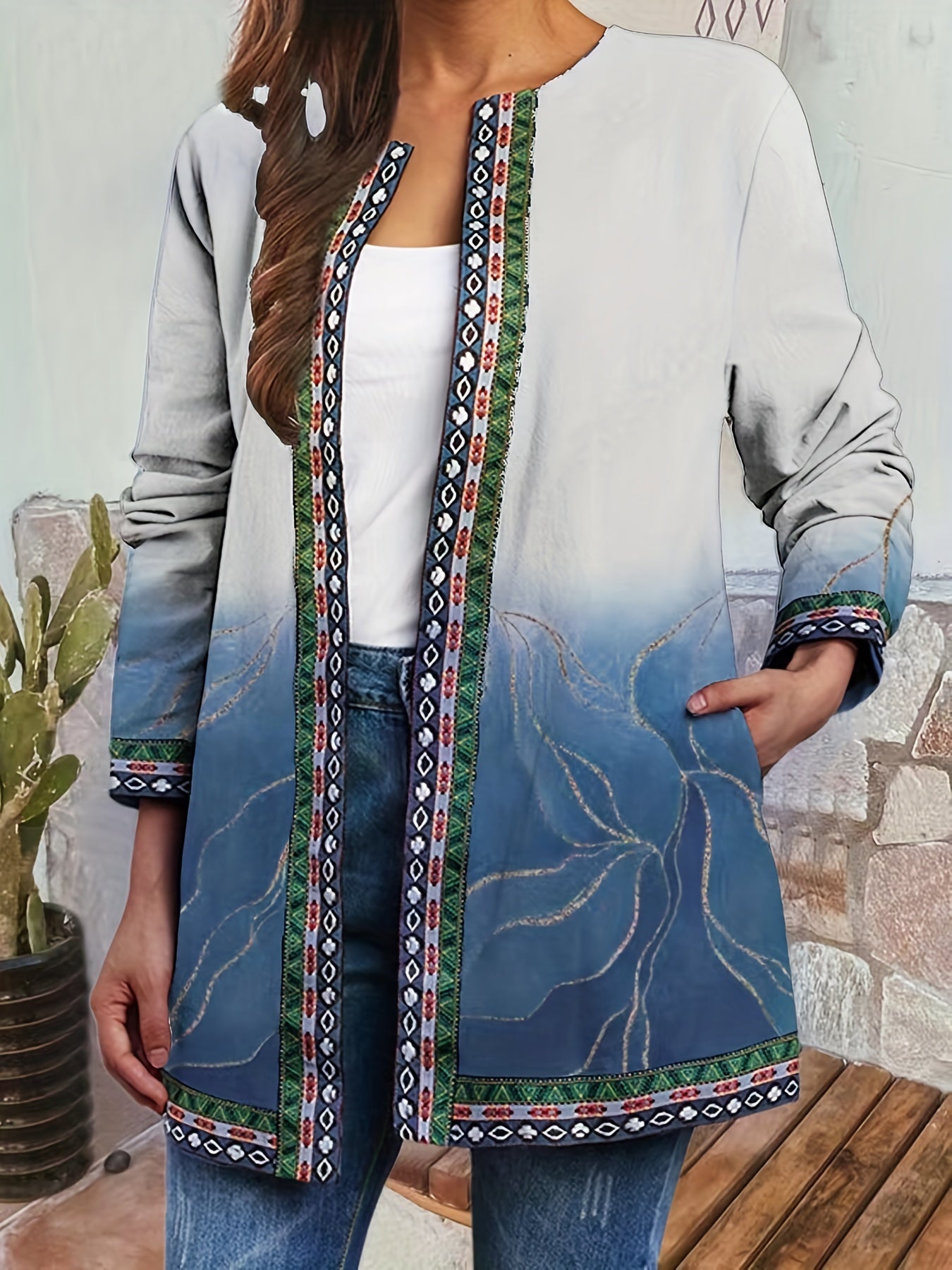 Abstract Print Open Front Jacket Women's Clothing