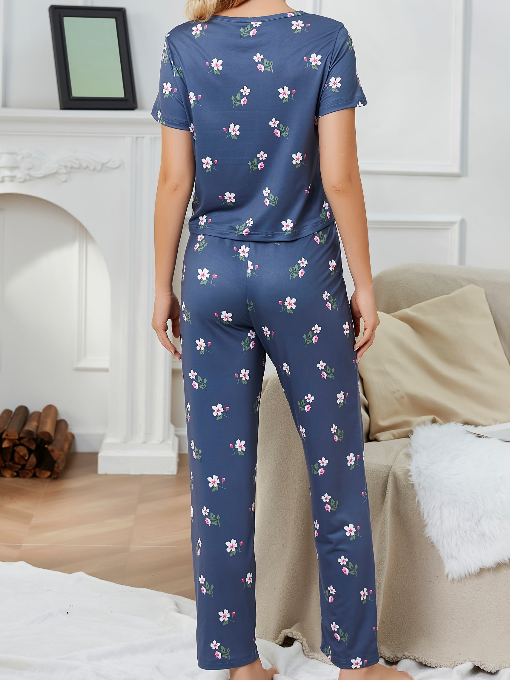 Floral Print Pajama Set Short Sleeve Top & Pants Sleepwear