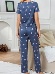 Floral Print Pajama Set Short Sleeve Top & Pants Sleepwear