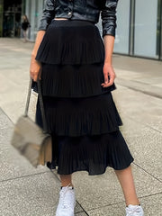 Solid Layered Draped Skirt Mid Length Cake Skirt